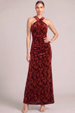 Terracotta Mermaid High Neck Floral Velvet Long Ruched Formal Dress with Slit