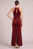 Terracotta Mermaid High Neck Floral Velvet Long Ruched Formal Dress with Slit