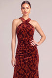 Terracotta Mermaid High Neck Floral Velvet Long Ruched Formal Dress with Slit