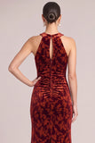 Terracotta Mermaid High Neck Floral Velvet Long Ruched Formal Dress with Slit