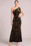 Floral Dark Green Mermaid One Shoulder Long Formal Dress with Bow