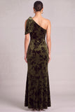 Floral Dark Green Mermaid One Shoulder Long Formal Dress with Bow