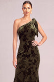 Floral Dark Green Mermaid One Shoulder Long Formal Dress with Bow
