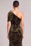 Floral Dark Green Mermaid One Shoulder Long Formal Dress with Bow