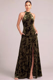 Dark Green A-Line High Neck Floral Long Formal Dress with Pocket