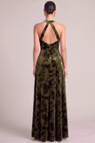 Dark Green A-Line High Neck Floral Long Formal Dress with Pocket