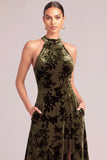 Dark Green A-Line High Neck Floral Long Formal Dress with Pocket