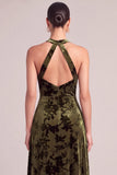 Dark Green A-Line High Neck Floral Long Formal Dress with Pocket
