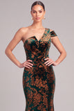 Peacock Green Mermaid One Shoulder Floral Long Formal Dress
