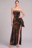 Peacock Green Sheath Strapless Floral Long Formal Dress with Slit