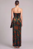 Peacock Green Sheath Strapless Floral Long Formal Dress with Slit