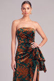Peacock Green Sheath Strapless Floral Long Formal Dress with Slit