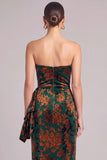 Peacock Green Sheath Strapless Floral Long Formal Dress with Slit
