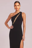 Black Golden Sheath One Shoulder Long Formal Dress with Slit