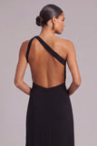 Black Golden Sheath One Shoulder Long Formal Dress with Slit