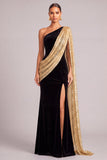 Black Golden Mermaid Velvet One Shoulder Long Formal Dress with Cape