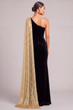 Black Golden Mermaid Velvet One Shoulder Long Formal Dress with Cape