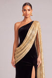 Black Golden Mermaid Velvet One Shoulder Long Formal Dress with Cape