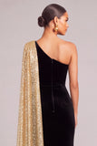 Black Golden Mermaid Velvet One Shoulder Long Formal Dress with Cape