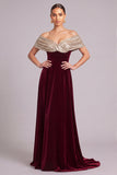 Sparkly Golden Red A-Line Off the Shoulder Velvet Long Formal Dress with Sequins