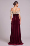 Sparkly Golden Red A-Line Off the Shoulder Velvet Long Formal Dress with Sequins
