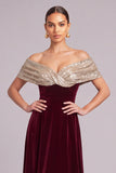 Sparkly Golden Red A-Line Off the Shoulder Velvet Long Formal Dress with Sequins