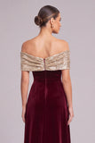 Sparkly Golden Red A-Line Off the Shoulder Velvet Long Formal Dress with Sequins