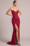 Sparkly Red Sequins Mermaid Strapless Ruched Long Formal Dress with Slit
