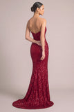 Sparkly Red Sequins Mermaid Strapless Ruched Long Formal Dress with Slit