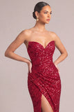 Sparkly Red Sequins Mermaid Strapless Ruched Long Formal Dress with Slit