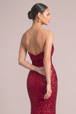 Sparkly Red Sequins Mermaid Strapless Ruched Long Formal Dress with Slit