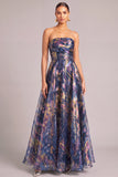 Navy A-Line Strapless Ruched Long Formal Dress