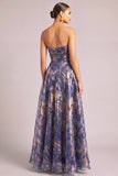 Navy A-Line Strapless Ruched Long Formal Dress