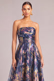 Navy A-Line Strapless Ruched Long Formal Dress
