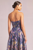 Navy A-Line Strapless Ruched Long Formal Dress