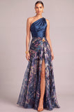 Navy Floral One Shoulder Ruched A-Line Long Formal Dress with Slit