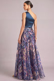 Navy Floral One Shoulder Ruched A-Line Long Formal Dress with Slit