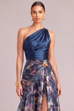 Navy Floral One Shoulder Ruched A-Line Long Formal Dress with Slit