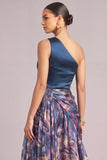 Navy Floral One Shoulder Ruched A-Line Long Formal Dress with Slit