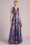 Navy Ruched A-Line V-Neck Long Formal Dress