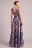 Navy Ruched A-Line V-Neck Long Formal Dress
