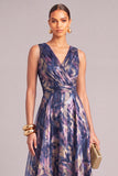 Navy Ruched A-Line V-Neck Long Formal Dress