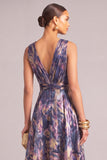 Navy Ruched A-Line V-Neck Long Formal Dress