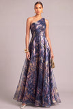 Navy A-Line One Shoulder Ruched Long Formal Dress