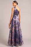 Navy A-Line One Shoulder Ruched Long Formal Dress