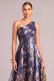 Navy A-Line One Shoulder Ruched Long Formal Dress
