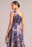 Navy A-Line One Shoulder Ruched Long Formal Dress