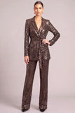 Brown Sparkly Sequins Peak Lapel Long Sleeves Business Suits with Belt