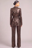 Brown Sparkly Sequins Peak Lapel Long Sleeves Business Suits with Belt