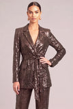 Brown Sparkly Sequins Peak Lapel Long Sleeves Business Suits with Belt